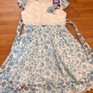 NEW Charming White and Blue Polka Dot Kids Dress SZ 5-6